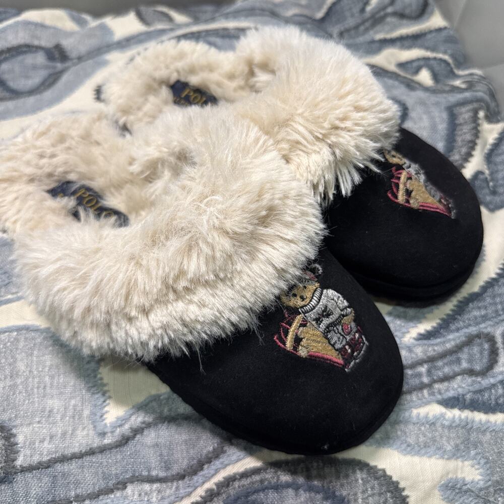 Polo Ralph Lauren Women Black Polo Bear Faux Fur Scuff Slippers Sz 6